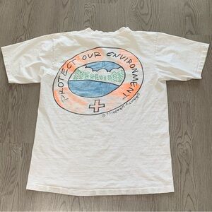Vintage 90s Earth Guard Protect Environment White Tee‎ Nature Large